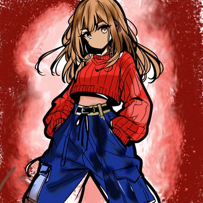 anime teen girl with baggy pants and crop top with sweater