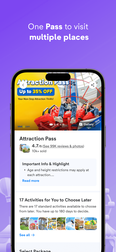 La aplicación tiket.com que muestra un Pase de Atracciones con hasta un 35 por ciento de descuento para 17 actividades y parques temáticos diferentes.