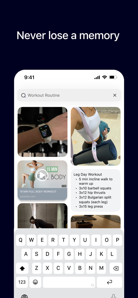 Cove - Document Your Life - Interface of the Cove app showing a search result for a workout routine with fitness photos and exercise notes