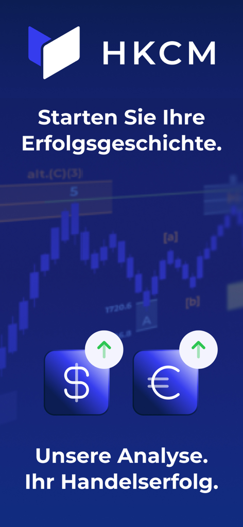 HKCM - HKCM app welcome screen featuring financial charts and market growth indicators