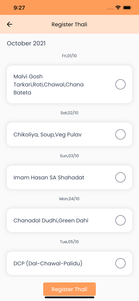 FMB and JMS Application - Interface of the FMB app showing the daily meal menu and registration options for community members