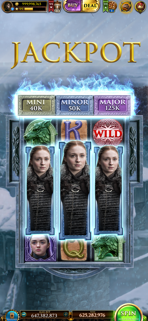 Screenshot di Game of Thrones Slots Casino con Sansa Stark sui rulli e un grande display del jackpot.