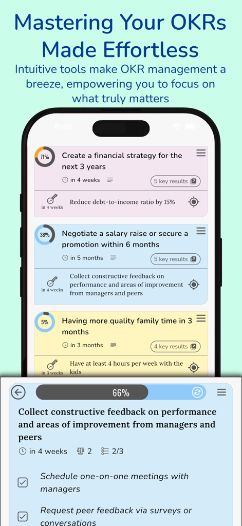 My OKR - Achieve What Matters - My OKRアプリのインターフェースに、目標の進捗状況と目標追跡が表示されています