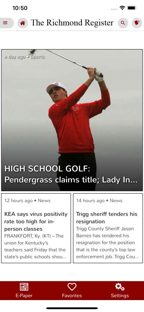 Richmond Register - Richmond Register app interface displaying local Kentucky news and high school sports headlines
