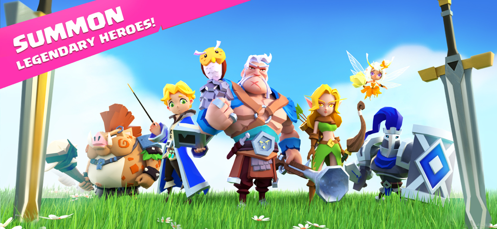 Valor Legends: Idle RPG - 澄んだ青空の下、緑の野原に立つ、多様な3Dアニメーションファンタジーヒーローのグループ