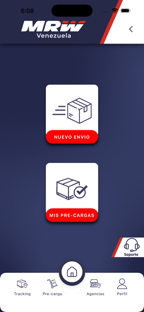 Main dashboard of the MRW Movil app showing options for new shipments and tracking in Venezuela
