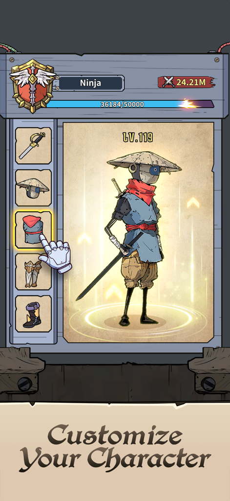 Una pantalla de menú en Dig-Dig Rush que muestra a un ninja robot de nivel 119 siendo personalizado con diferentes objetos de equipo como un sombrero, espada y armadura.