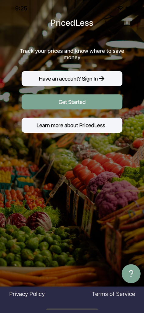 PricedLess - PricedLess 앱 환영 화면에 로그인 또는 식료품 가격 추적 시작 옵션 표시
