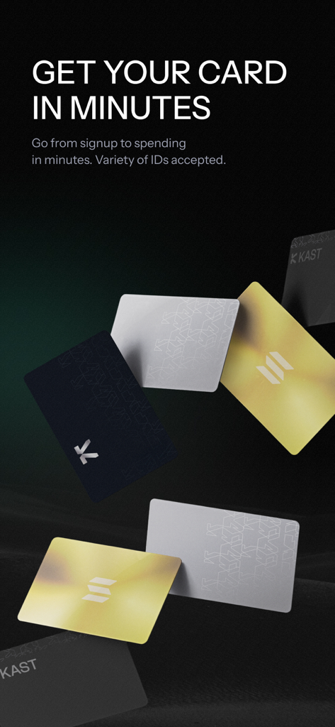 KAST Finance - Pantalla de la aplicación KAST Finance mostrando varias tarjetas de crédito con texto sobre la obtención de una tarjeta en minutos