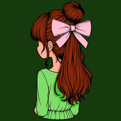 realistic girl  with hip length hair a bun and a big bow on the back of head