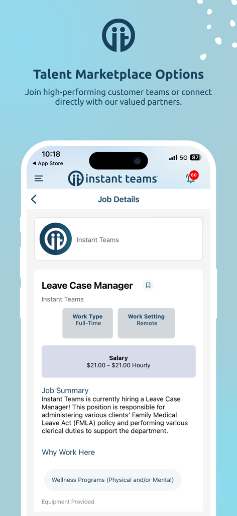 Instant Teams Job App - Instant Teams app screen showing a remote full-time job detail for a Leave Case Manager