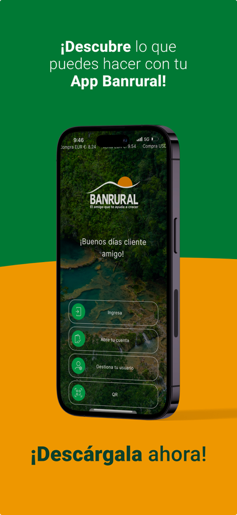 Promotional screen for the BANRURAL mobile app featuring the login interface and a tropical background.