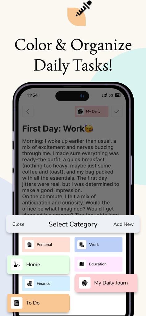 Note.s Taking App - NotesU - Un teléfono inteligente que muestra la interfaz de la aplicación NotesU con un menú de selección de categorías que presenta botones codificados por colores para Personal, Trabajo, Hogar y Educación.