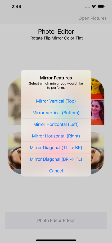 Screenshot of mirror options including vertical and horizontal features in the Photo Editor app