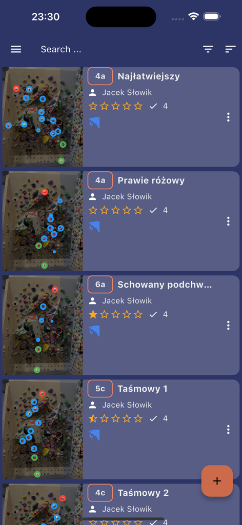 Mobile app interface showing a list of climbing routes with photos and difficulty grades