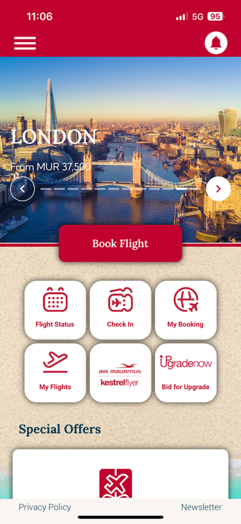 Air Mauritius app home screen showing flight booking and management options
