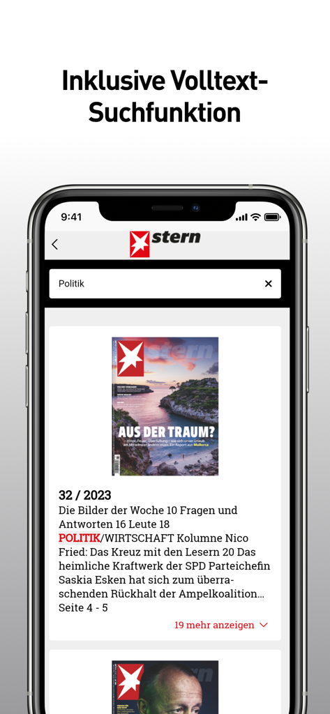 stern Magazin - Stern Magazin app interface displaying the full-text search feature with results for political news
