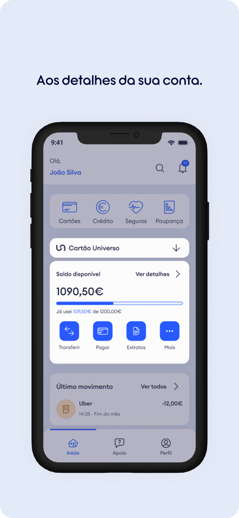 Universo Mobile Banking app interface showing account balance and recent activity