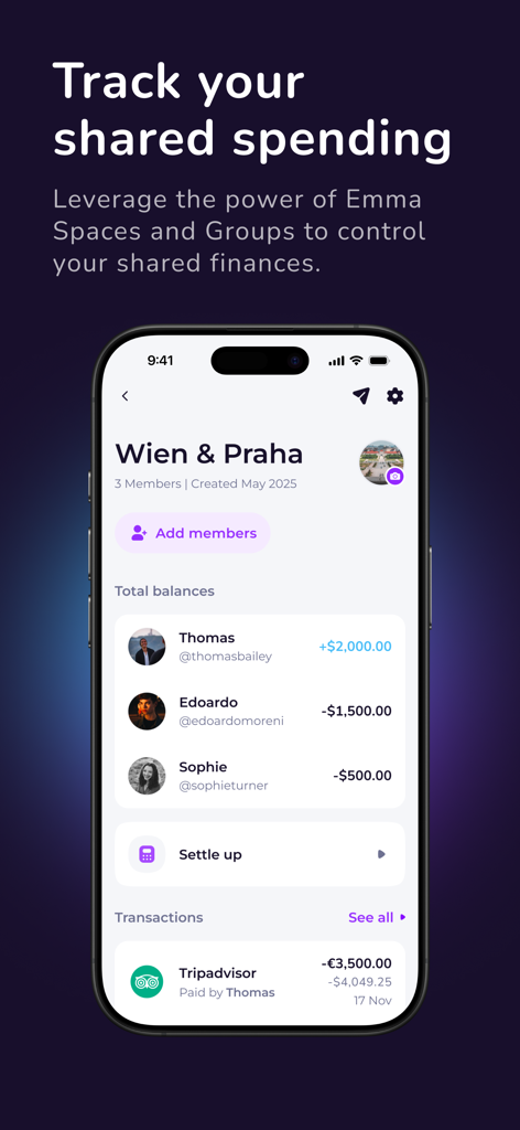 Emma app screen showing shared spending balances for group members and transaction tracking