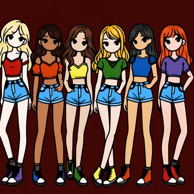 a group of girls wearing crop tops and shorts