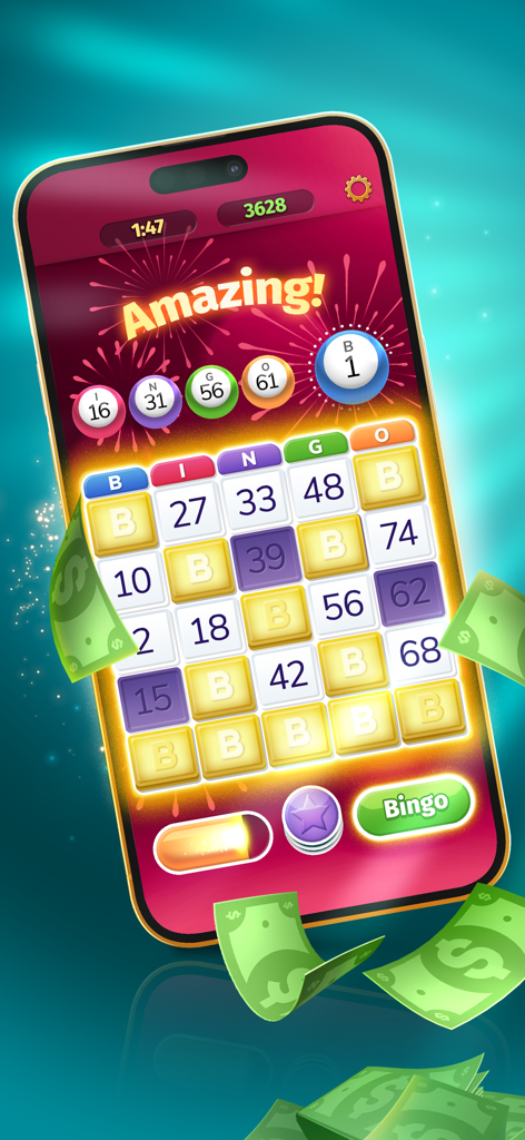 Bingo Bling™  Win Real Cash - Una interfaz de juego de bingo móvil con una tarjeta ganadora y dinero flotando