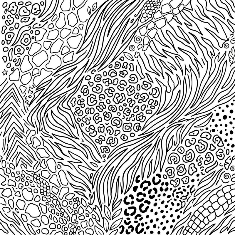Embark on a colorful safari with this engaging animal print patterns coloring page, perfect for young adventurers. Featuring a variety of iconic designs like zebra stripes and leopard spots, it offers endless creative fun for kids aged 4-8.