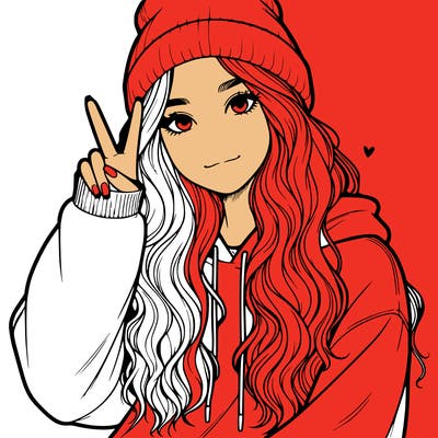 a teenage girl in a beanie, oversized sweatshirt, wavy long hair, and is showing a ✌️