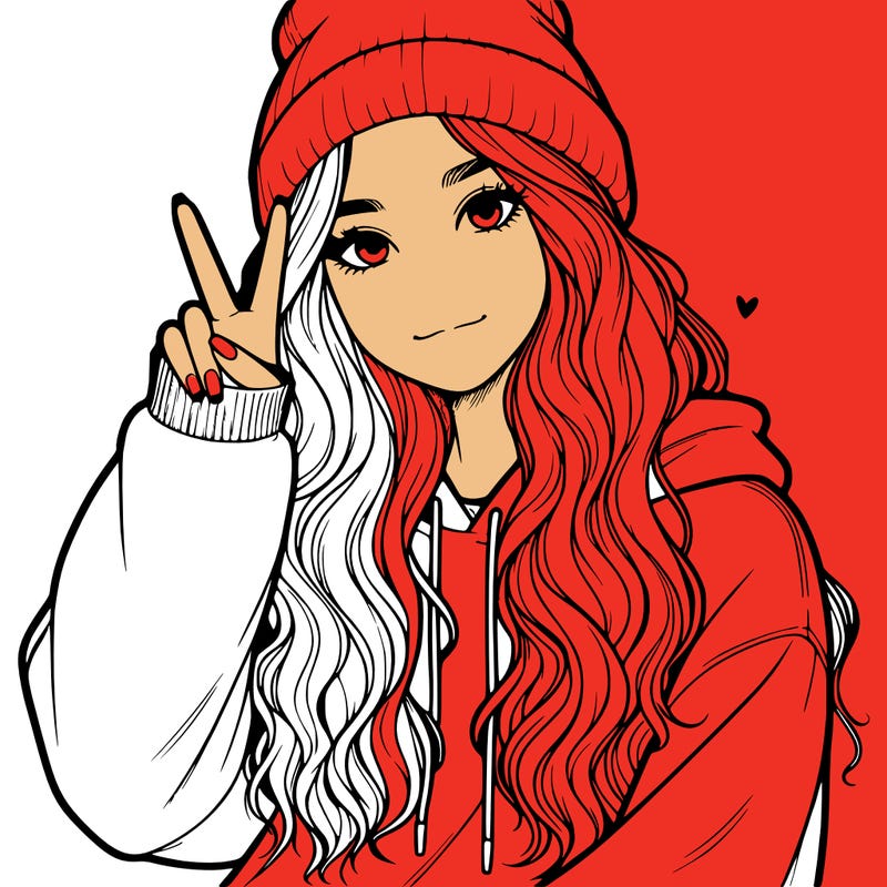 a teenage girl in a beanie, oversized sweatshirt, wavy long hair, and is showing a ✌️