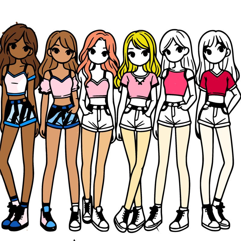 a group of girls wearing crop tops and shorts