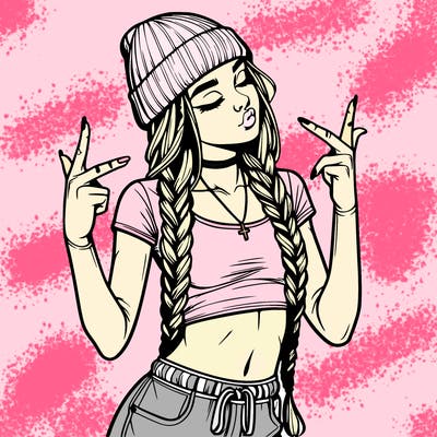 realistic teenage girl with braids and a beanie and crop top doing 🫶🏼