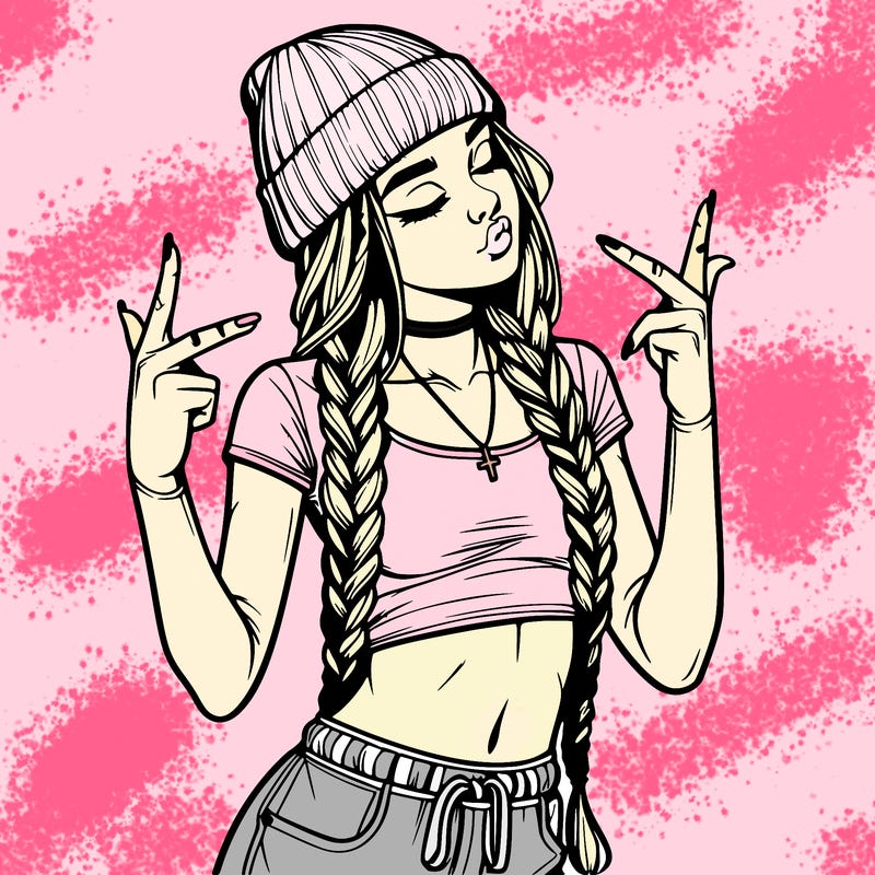 realistic teenage girl with braids and a beanie and crop top doing 🫶🏼