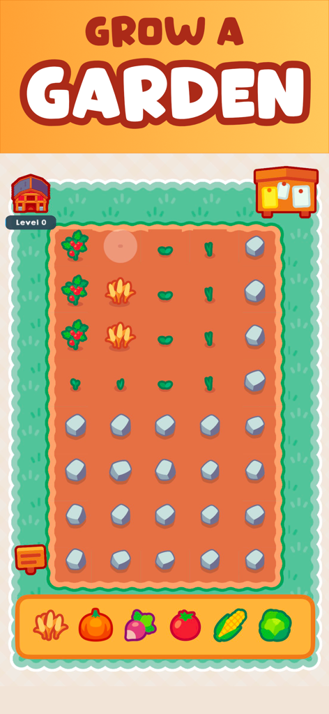 Cookie Empire: Idle Clicker - Una captura de pantalla del minijuego de jardín en Cookie Empire mostrando una cuadrícula de cultivos plantados y semillas como calabazas y tomates.