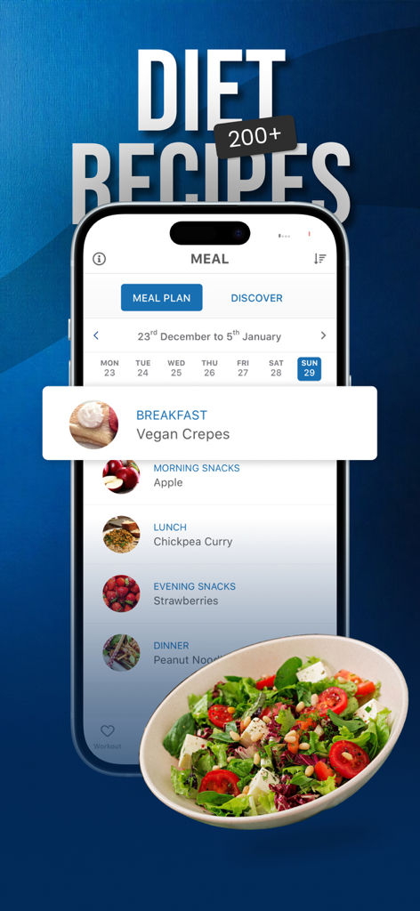 Mobile app interface showing a daily meal plan and healthy diet recipes for runners.