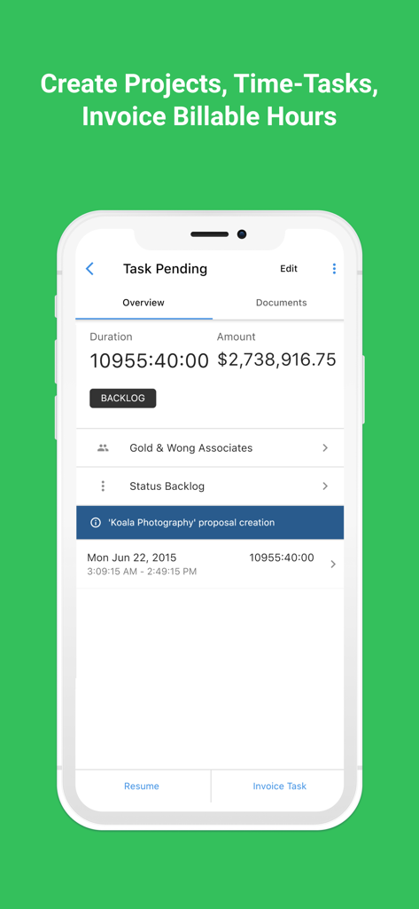 Invoice Ninja - Invoice Ninja mobile app interface for tracking time and billing hours on tasks