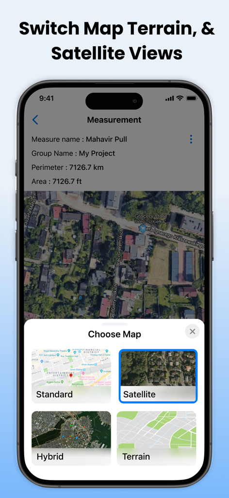 Interface showing options to switch between standard satellite hybrid and terrain map views