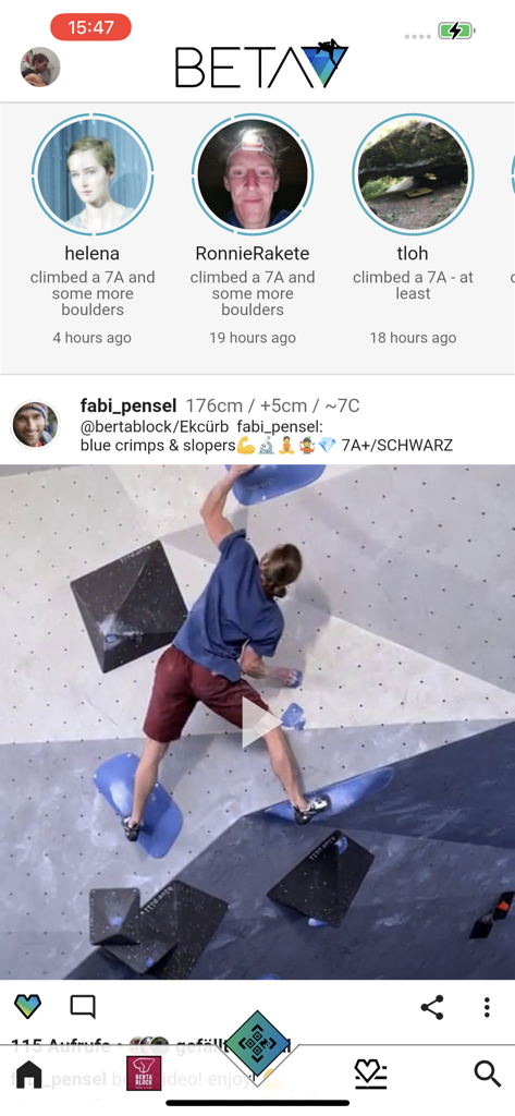 BETA7 - BETA7 app interface displaying a social feed of bouldering beta videos and climber profiles