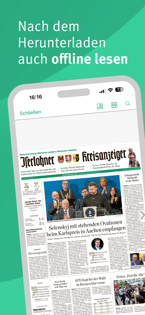 Ein Smartphone, das die IKZ E-Paper-App mit einer Schlagzeile zum Offline-Lesen und einer digitalen Nachbildung des Iserlohner Kreisanzeigers anzeigt.