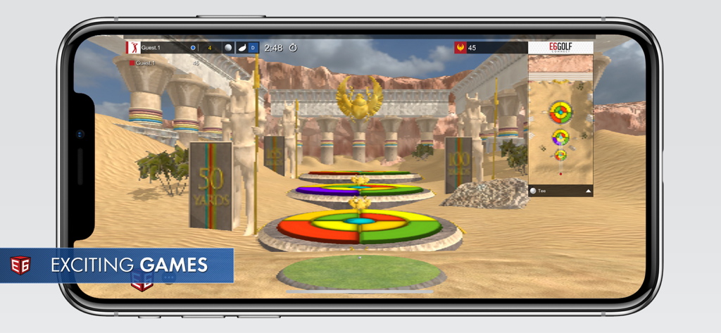 Golf simulator target game with Egyptian desert theme