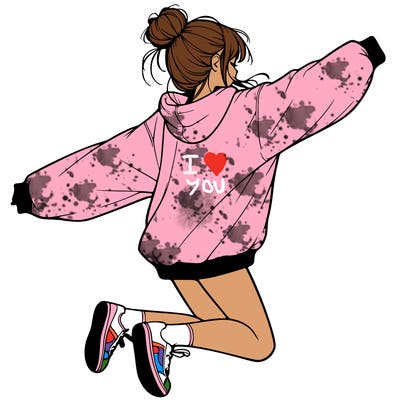 realistic girl jumping with a bun and oversized sweatshirt