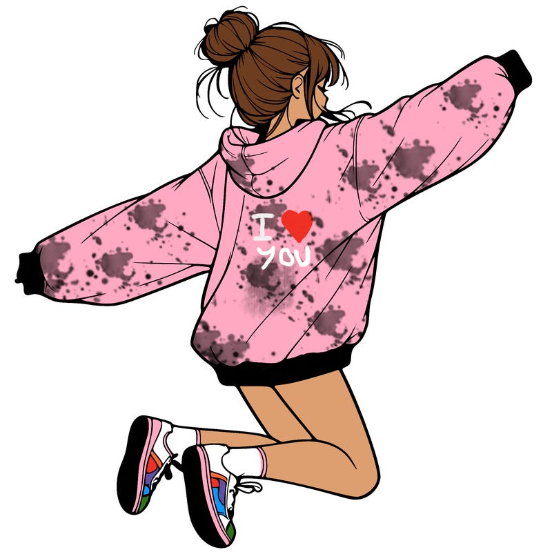 realistic girl jumping with a bun and oversized sweatshirt