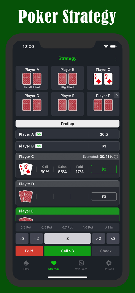 Écran de l'application Poker AI montrant la stratégie de mise optimale et le taux de gains pour une main de Texas Hold'em