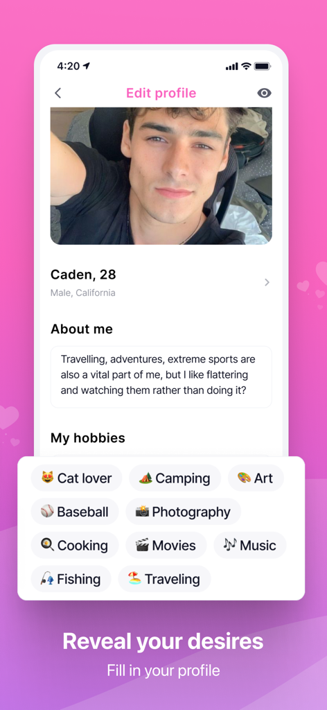User profile editor in the Vibes Dating app displaying bio and hobby tags
