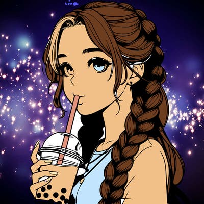 realistic girl with braided hair drinking boba