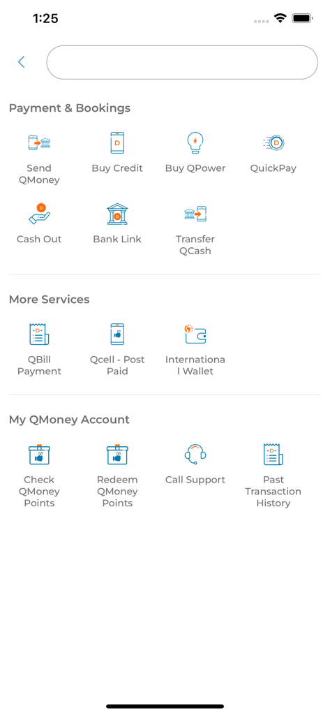 QMoney - Customer - QMoney app dashboard showing options for sending money, buying electricity, and airtime.