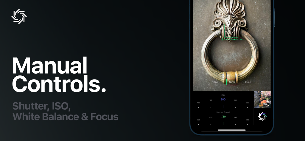 Manual Camera, Pro DSLR | RAW+ - Professional camera app interface showing manual shutter and ISO controls on an iPhone