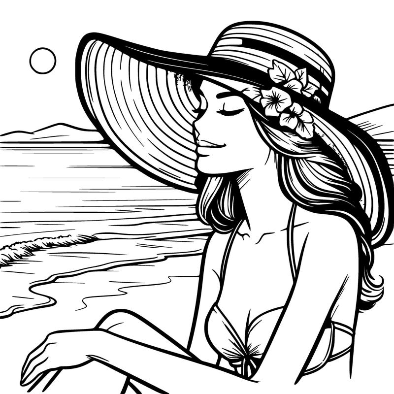 realistic woman on a beach with sun hat