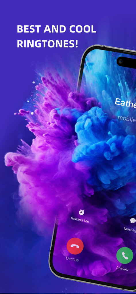 ZEGE Ringtones And Wallpaper ™ - Smartphone screen displaying a vibrant purple and blue abstract smoke wallpaper during an incoming call