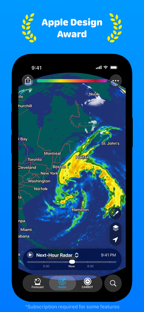 CARROT Weather: Alerts & Radar - Interfaz de la app CARROT Weather mostrando el mapa de radar de la próxima hora con seguimiento de tormentas en iPhone.