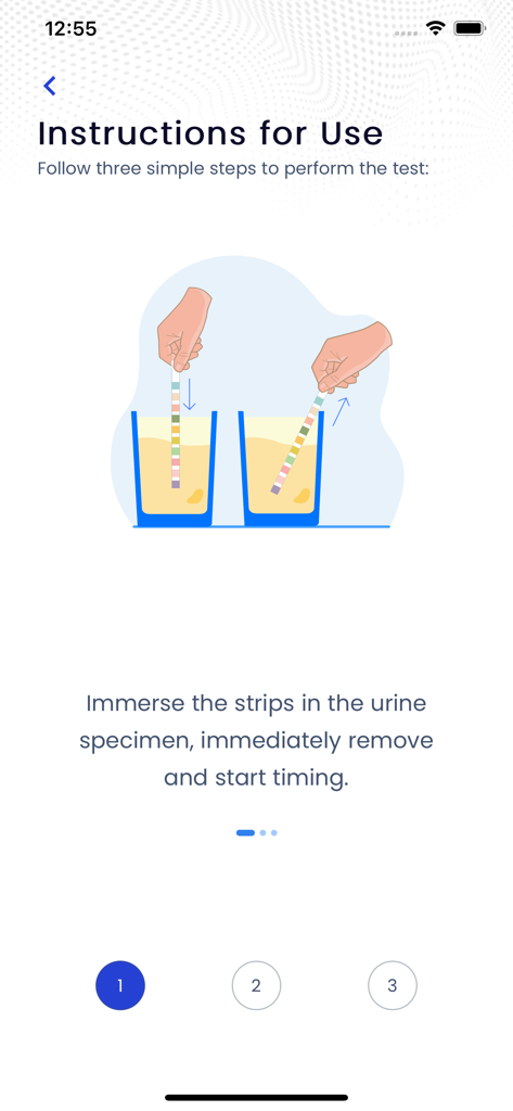 Urinox - An illustration showing how to immerse a urine test strip into a specimen container as the first step of the Urinox testing process.