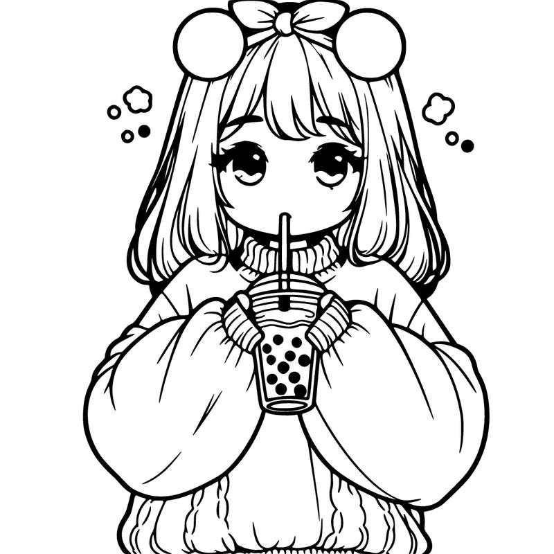 a realistic girl wearing a oversized sweater drinking boba